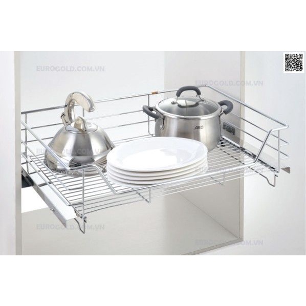 Kệ để xoong nồi EUROGOLD Inox 304 nan dẹt ray giảm chấn, Kệ để đồ tủ bếp dưới, phụ kiện tủ bếp