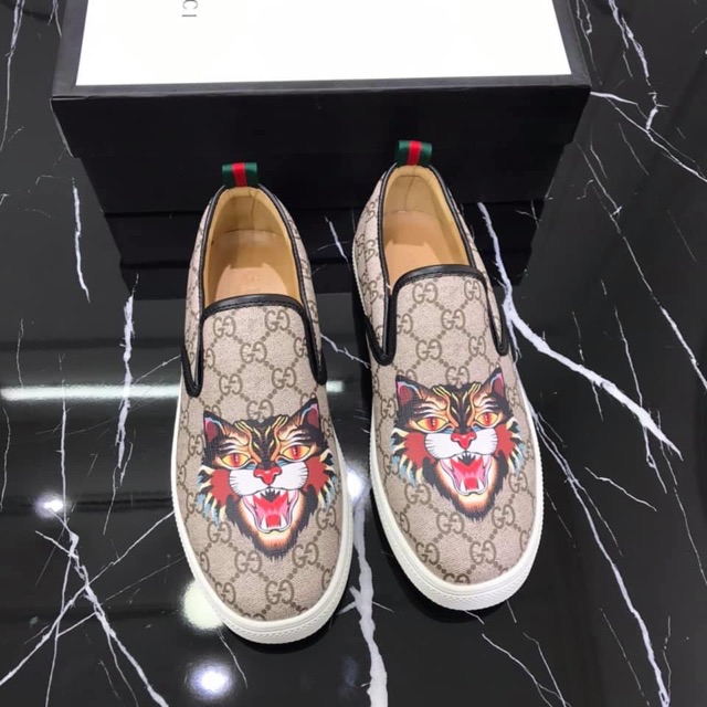 giầy lười da nam in hổ mèo gót đen ( lót lưới lót đen ) kèm video thật