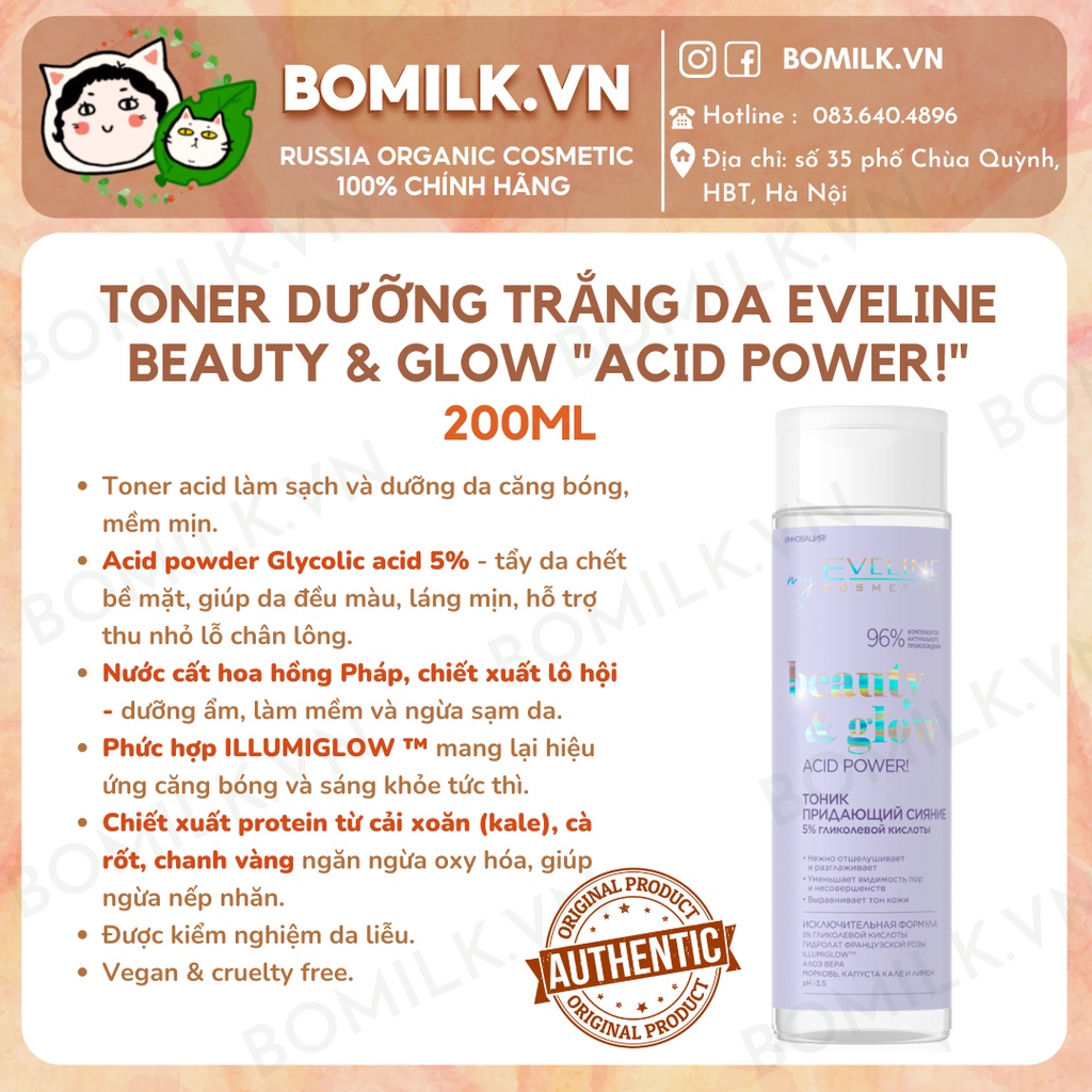 Toner sáng da Eveline Beauty & Glow "Acid power" - làm sạch, sáng da, mềm mịn da