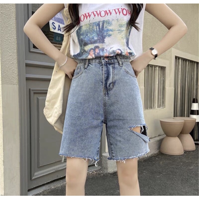 [Bigsize 30-36] Quần Ngố Jean Xanh Nhạt Rách Xẻ Lệch. Không Co Giãn