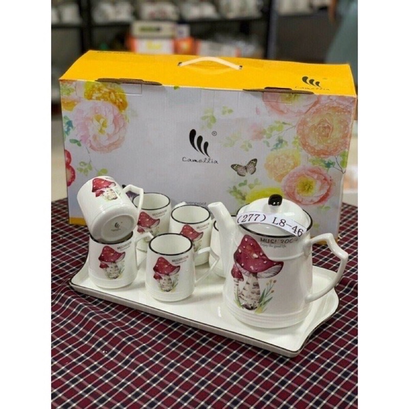 Bộ bình ly uống trà kèm khay bằng sứ cao cấp nguyên hộp làm quà tặng sang trọng