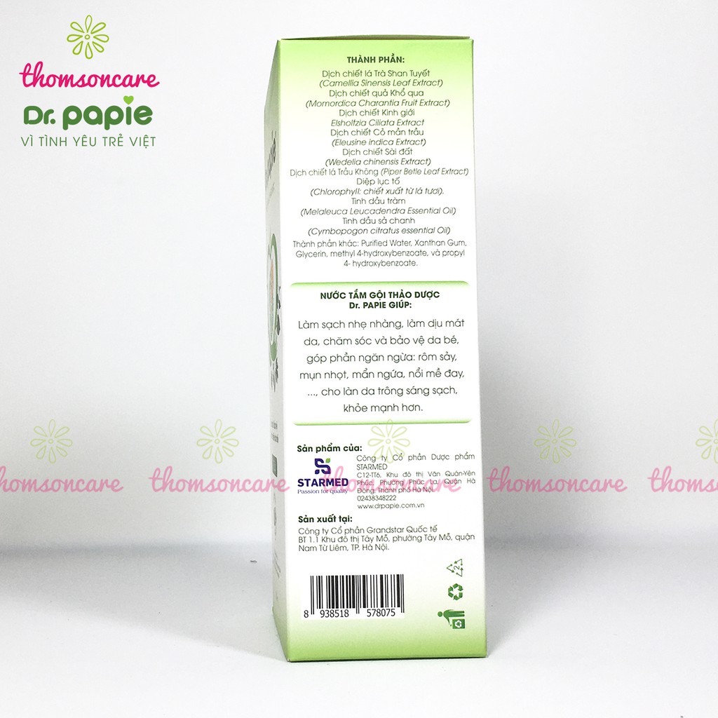 Sữa tắm gội thảo dược cho bé từ sơ sinh Dr Papie Chai 230ml từ lá trà, mướp đắng, trầu không, tràm, sả chanh