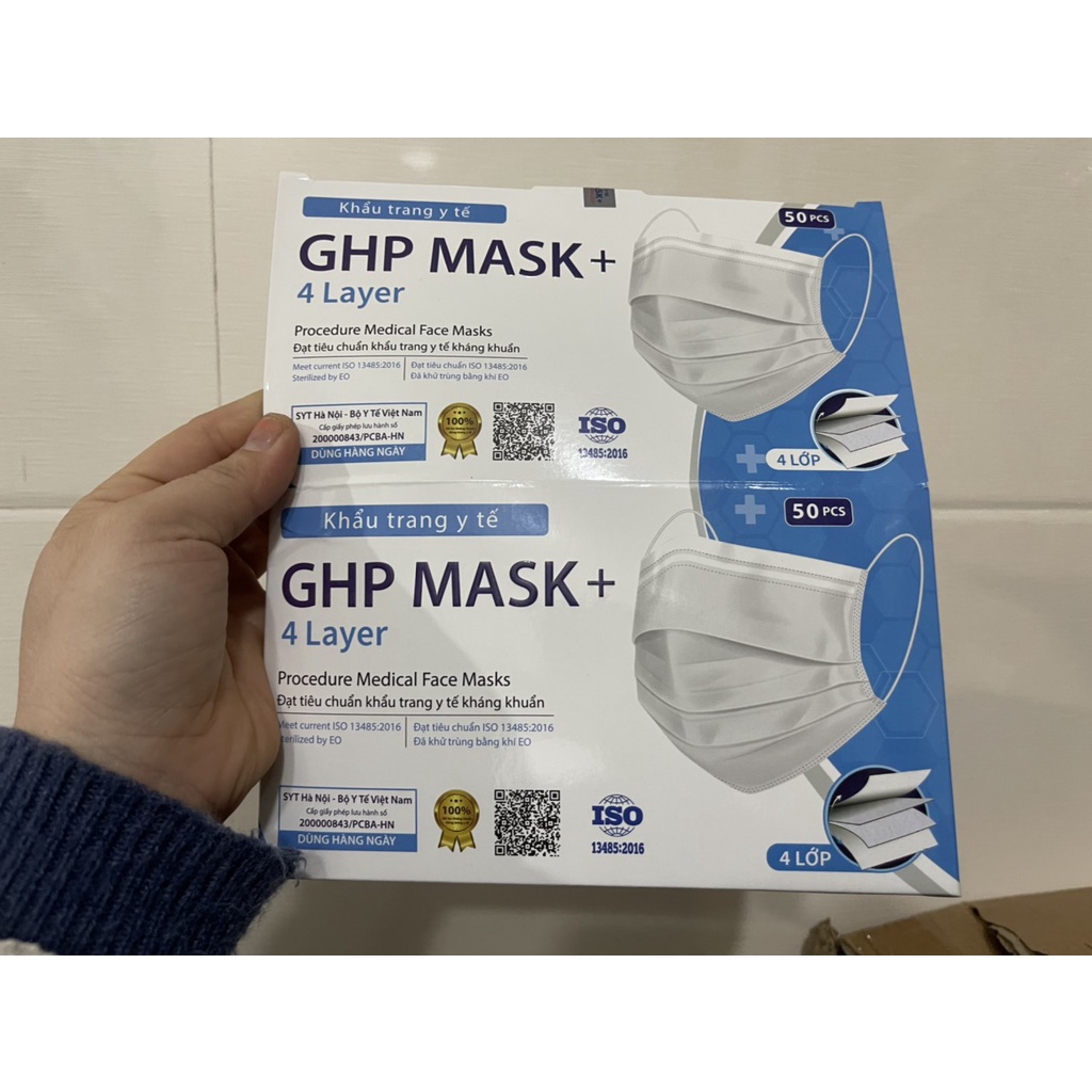 Khẩu Trang Y Tế GHP MASK+ 4 lớp giấy kháng khuẩn siêu xịn(1 Hộp 50 chiếc)