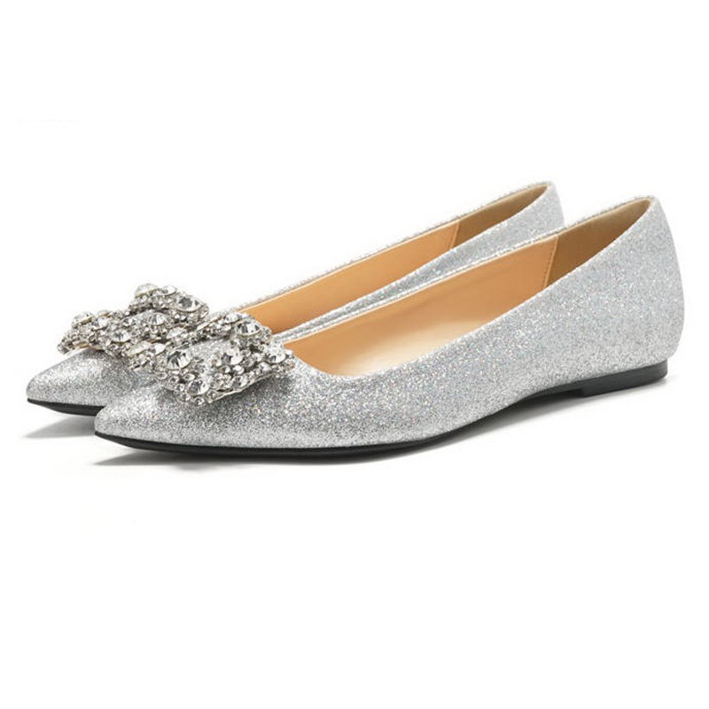 Rhinestone Flats Giày Búp Bê Mũi Nhọn Đính Đá Kim Sa Màu Trắng Miệng Nông Cho Nữ