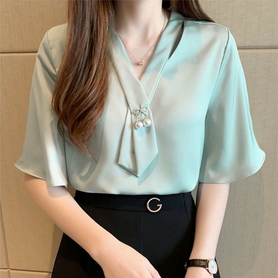 Áo Sơ Mi Nữ Tay Ngắn Cổ Chữ V Màu Trắng Dáng Rộng Phong Cách Hàn Quốc Mới