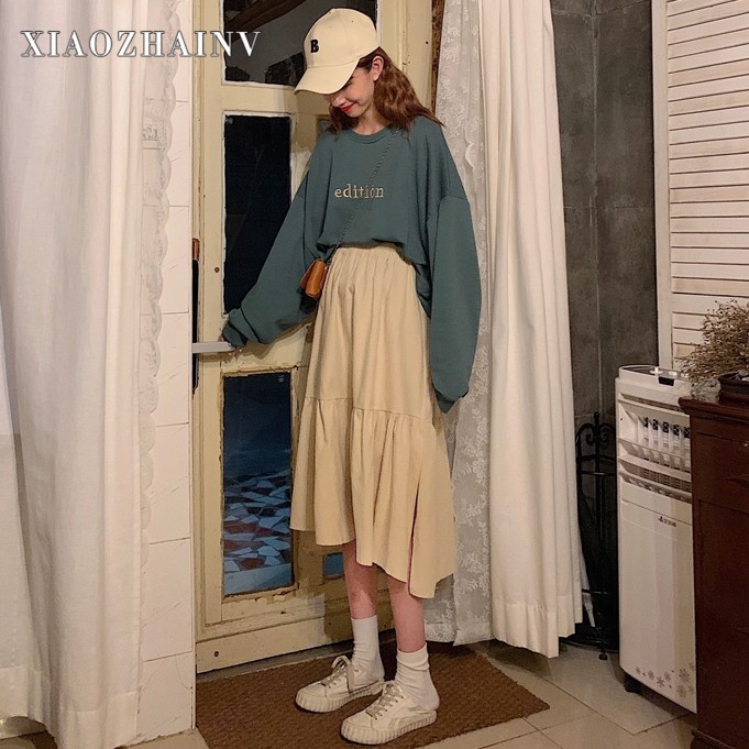 Xiaozhainv Chân váy midi lưng cao màu trơn phong cách Hàn Quốc