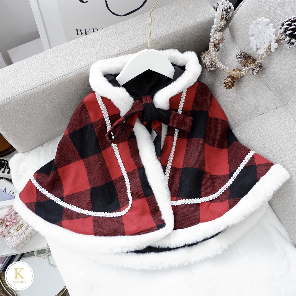 Áo choàng bé gái Kiwy Kids chất liệu dạ kẻ ô có phối lông trắng Kids2148  cho bé từ 1 đến 11 tuổi