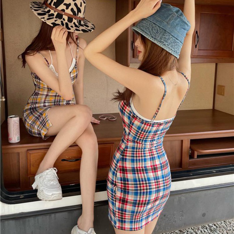 Đầm Hai Dây Sọc Ca Rô Xẻ Tà Thời Trang Nữ Quyến Rũ