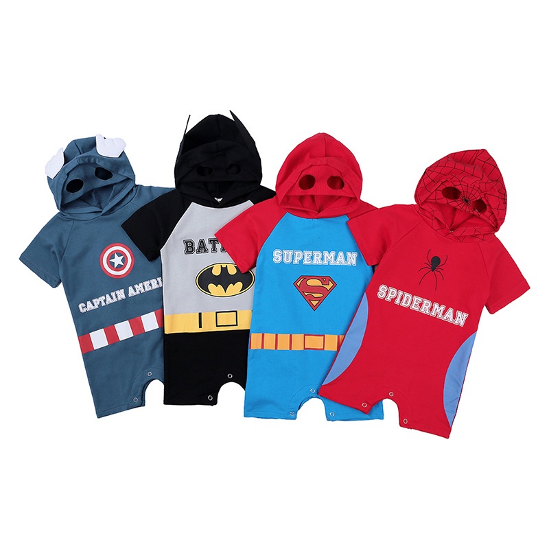 Bộ Áo Liền Quần Vải Cotton Tay Ngắn Hóa Trang Captain America Spiderman Cho Bé Trai 0-24 Tháng Tuổi