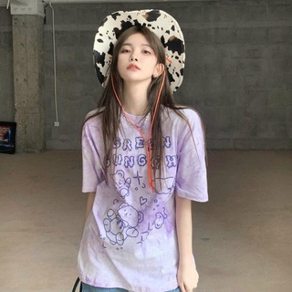 Áo Thun Tay Ngắn Cổ Tròn Oversize In Hình Gấu Nhuộm Màu Độc Đáo Thời Trang Cho Nữ