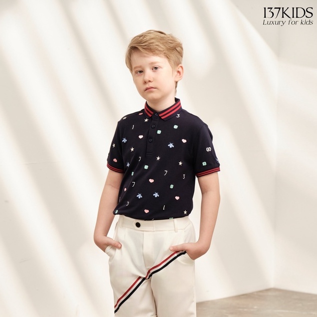 Áo polo cộc tay xanh than họa tiết 137Kids chất cotton thoáng mát năng động cho bé trai