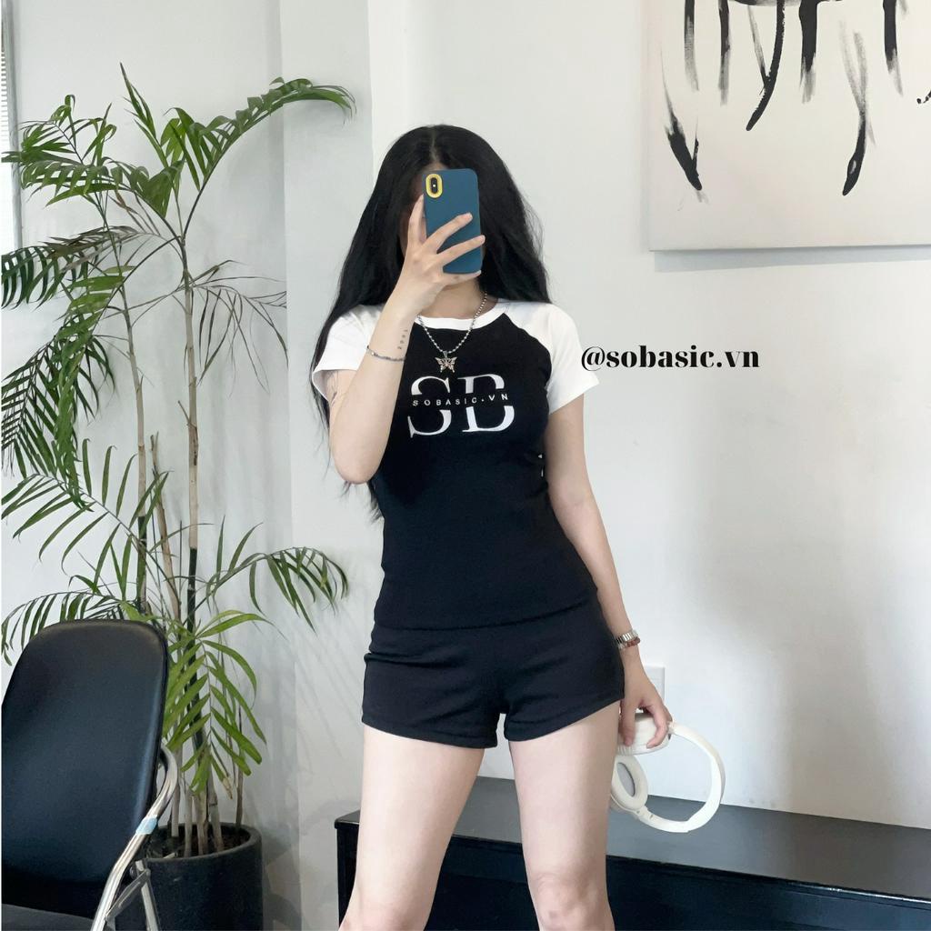 Áo thun babytee cổ tròn nữ thêu chữ Sobasic thiết kế tay áo raglan phối màu đơn giản cá tính ôm body