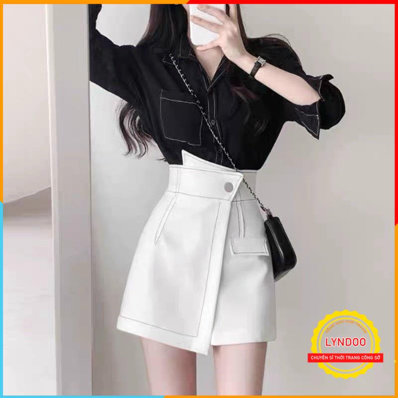 Quần giả váy nữ cạp cao - Quần short giả váy xếp lệch may chỉ nổi 2 màu trắng đen vải tuyết mưa vitex cao cấp