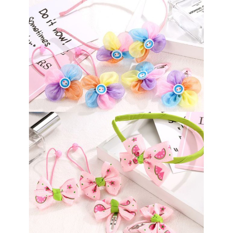 Bộ quà tặng băng đô kẹp tóc buộc tóc hoa sắc màu và nơ dưa hấu bé gái