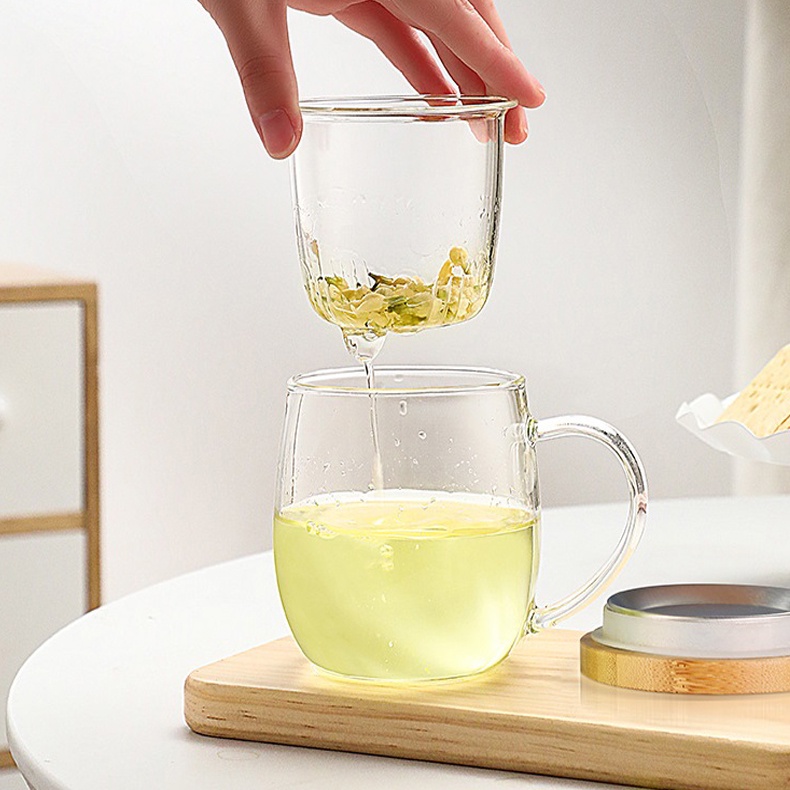 Ly lọc trà thủy tinh nắp gỗ S025A 500ml - Cốc trà thủy tinh chịu nhiệt có lọc trà Samahome Shop