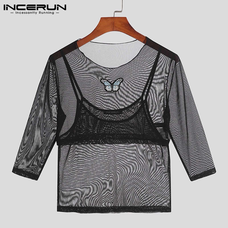 Set áo croptop tay dài xuyên thấu + áo không tay hai dây họa tiết bướm INCERUN thời trang cho nam