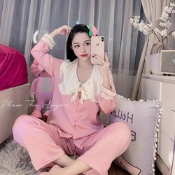 Set bộ đồ tiểu thư cổ viền bèo nơ trước, cổ sen chữ ký tay dài quần dài vải lụa mềm mịn-Thu Thảo Shop.