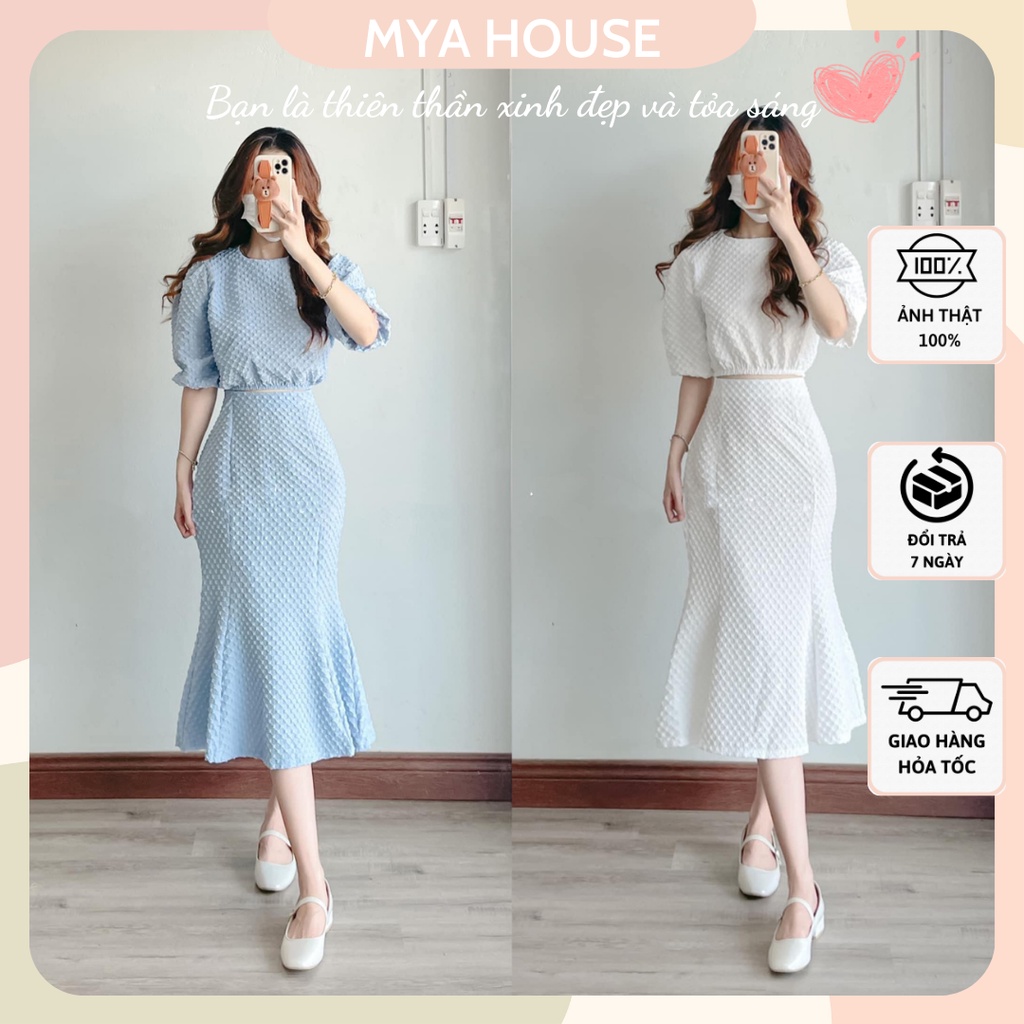 Set áo crop tay phồng chân váy midi đuôi cá vải xốp 2 màu MYA HOUSE