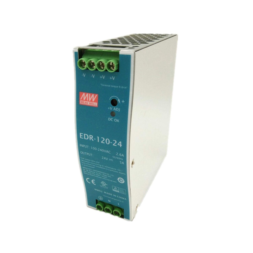Bộ nguồn DC MWPower DR-120-24, công suất 120W, ngõ ra 24VDC 5A, kiểu gắn DIN, Bộ nguồn gắn thanh ray 24VDC