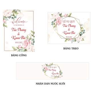 Combo tiết kiệm bảng tên cưới ( 1 bảng cổng + 1 bảng treo + 24 nhãn nước)