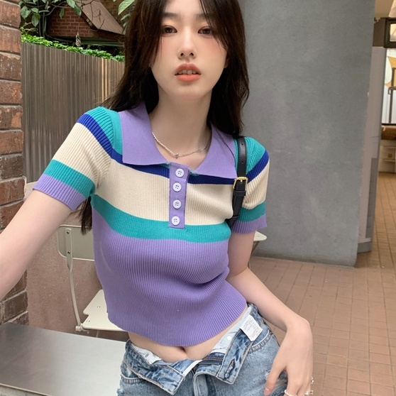 Áo thun polo dệt kim ZHELIHANGFEI tay ngắn kẻ sọc màu sắc dễ thương xinh xắn