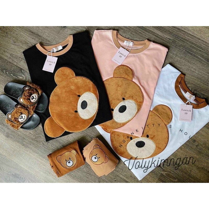 Set Bộ Thun Gấu Nâu Mix Quần Legging Bozip Co Dãn Bao Đẹppp