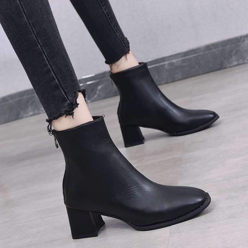 Boot nữ cao cổ đế vuông 7p, Bốt nữ cổ lửng chất da có khoá sau lên dáng cực sang chảnh