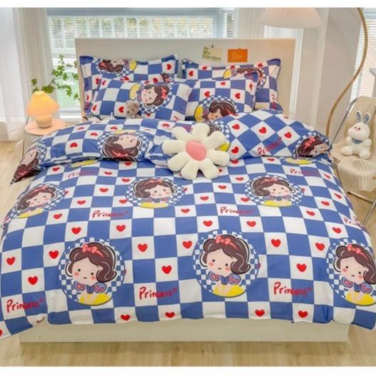 Bộ chăn ga gối Caro xanh cute cotton poly