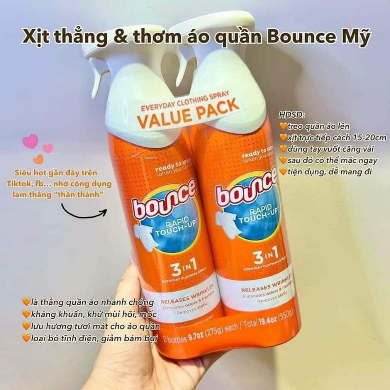 Xịt thẳng và thơm quần áo Bounce Rapid Touch Up 3in1 của Mỹ