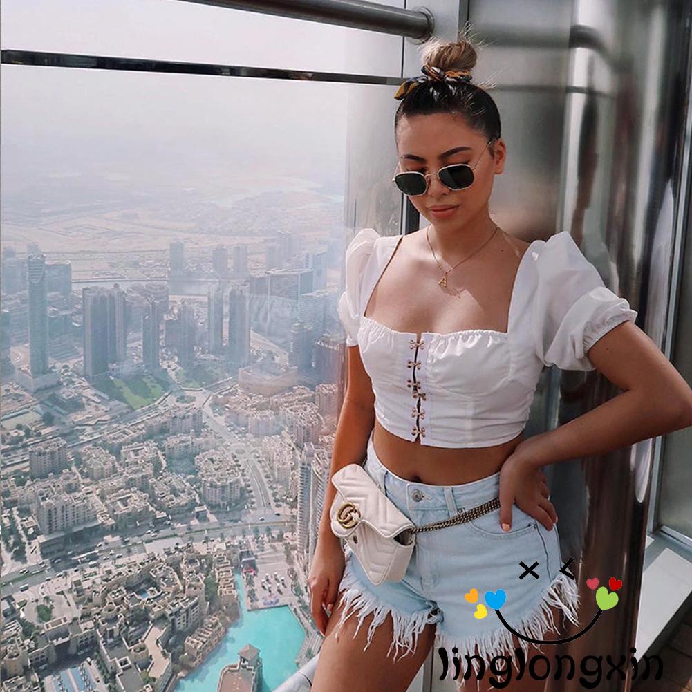 Áo croptop tay ngắn cổ vuông quyến rũ cho nữ