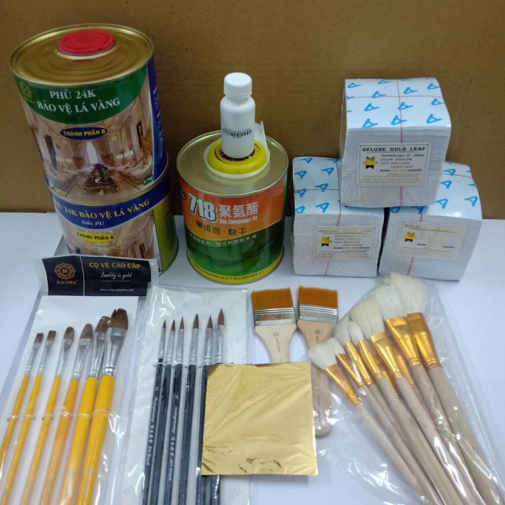 Combo dát vàng 3000 lá Nhật 9cm màu 24K kèm đủ phụ kiện để dát vàng trên kim loại, nhựa, gỗ hiệu ứng bóng  đẹp như xi mạ