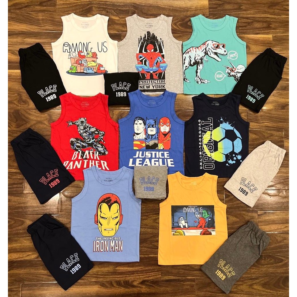 Bộ Bé Trai sát nách ba lỗ 17-45kg xuất dư xịn PA.LACE cotton in hình siêu nhân size đại