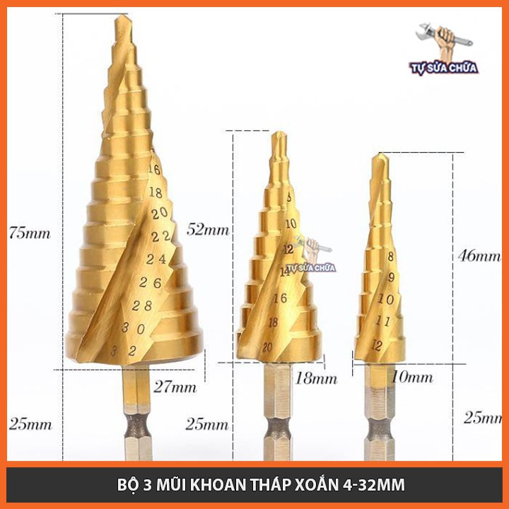 Mũi khoan tháp xoắn HSS mạ titan hình nón 4-12mm 4-20mm 4-32mm Bộ 3 mũi khoan tháp nón, Bộ mũi khoan tháp tầng hàng xịn