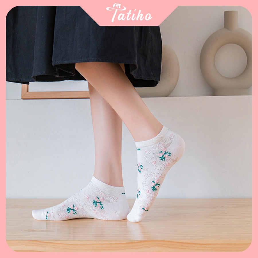 Vớ Tất Nữ Cổ Ngắn Ren Chất Cotton Dày Mềm Mịn Phối Họa Tiết Hoa Phong Cách Cute Thời Trang Hàn Quốc - Mã TV025