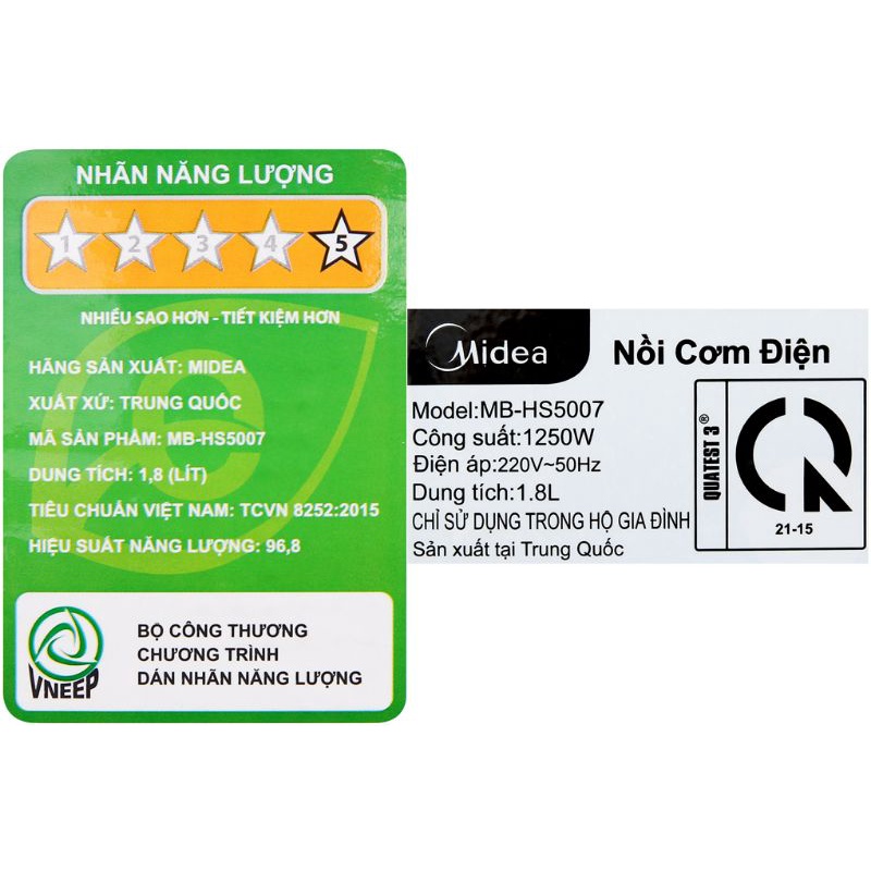 Nồi cơm điện cao tần Midea 1.8 lít MB-HS5007 mới 100% hàng chính hãng 100%