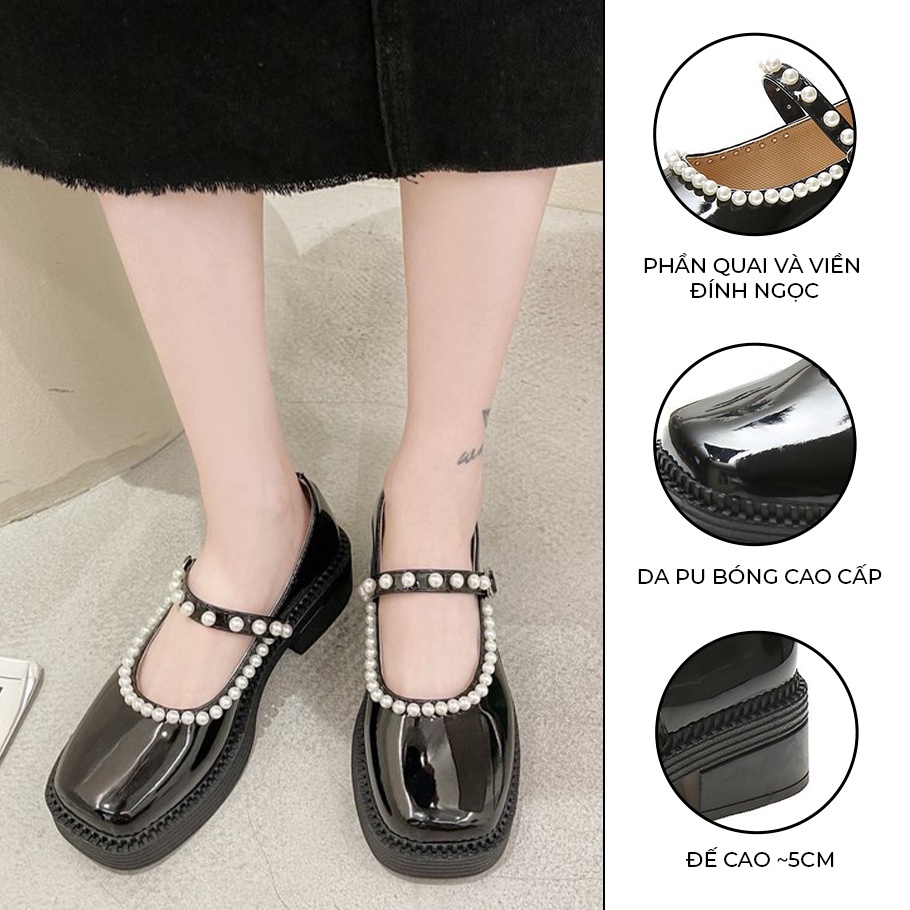 Giày Lolita Ulzzang Vintage, Giày Mary Jane Mũi Vuông Đính Ngọc Phần Viền Và Quai Đế Cao 5cm Hàn Quốc-Iclassy_shoes