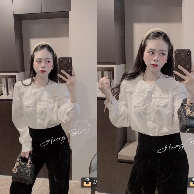 Áo Sơmi Trắng Cổ Ren Thêu Tay Dài Tiểu Thư Có Ảnh Thật Kèm Video