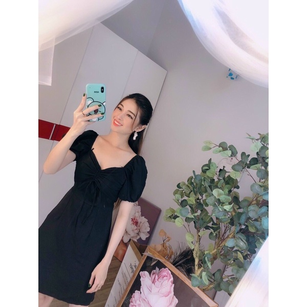 Đầm xoè rút dây ngực tay phồng siêu cưng-hình thật.