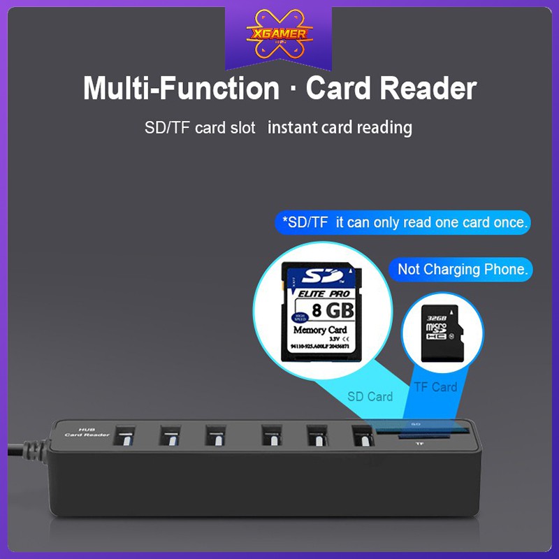 XGamer USB Plug Card Reader 2.0 3.0 Hub 3 / 6 Ports Multi USB Splitter 2 In 1 Hub multiple SD/TF Card Reader