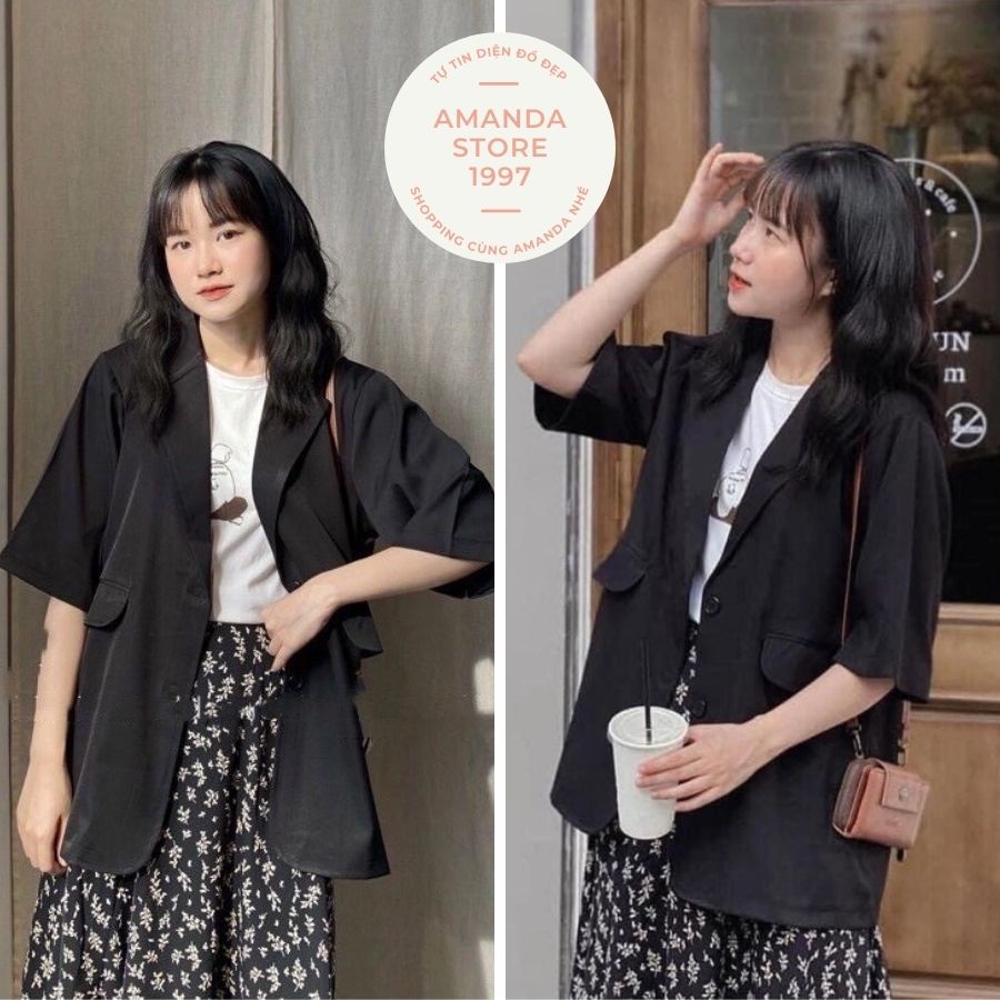 {Amanda}Blazer cộc tay dáng dài, lỡ 6 màu HOTHIT. Blazer ngắn tay trẻ trung mix đồ siêu dễ