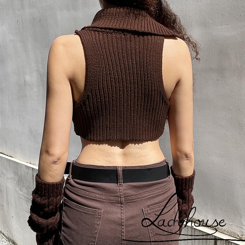 Áo Croptop Dệt Kim Hai Dây Cổ Cao Màu Nâu Thời Trang Mùa Hè Cho Nữ