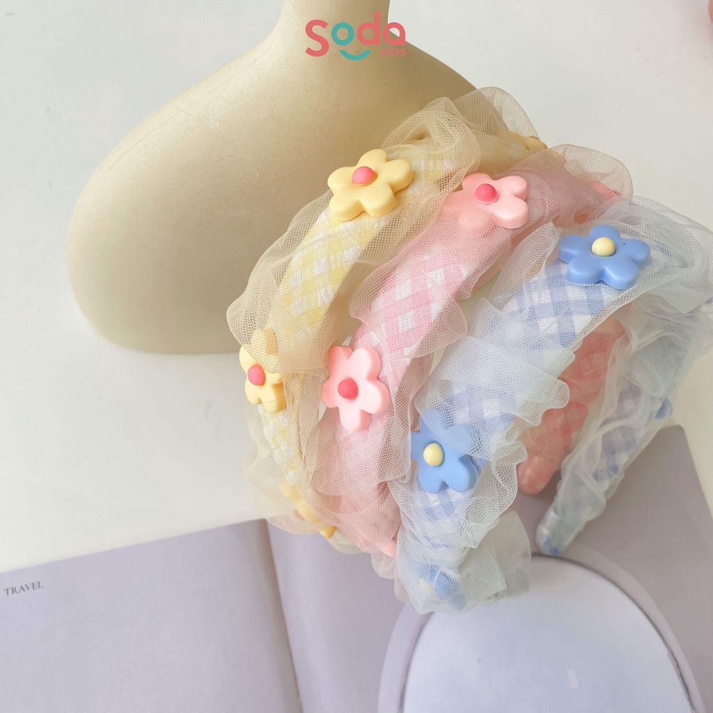 Bờm tóc bé gái SODA KIDS họa tiết caro phối voan đính hoa xinh xắn, phong cách tiểu thư