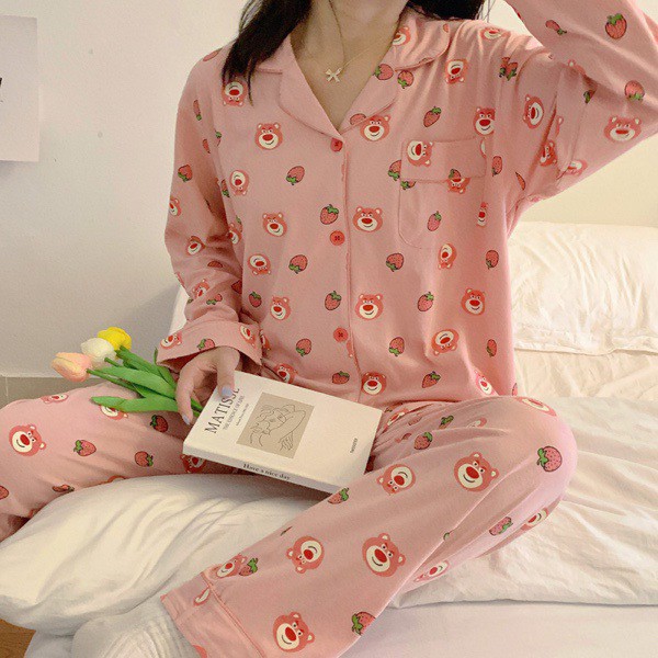 Bộ ngủ pijama dài tay thu đông mặt gấu siêu xinh