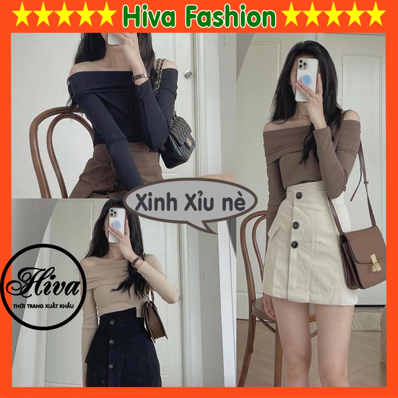 Áo len croptop trễ vai nữ dài tay gân tăm , Set đồ nữ thu đông mẫu mới (video/ảnh thật)