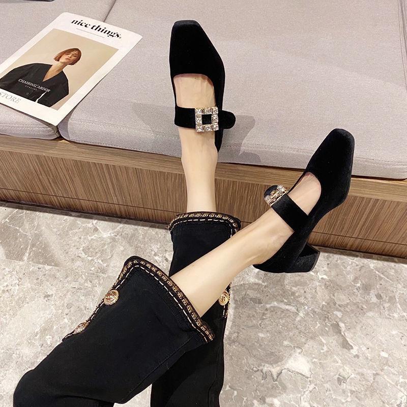 Giày búp bê mũi vuông đính đá sang trọng thời trang thu đông mới 2021 cho nữ