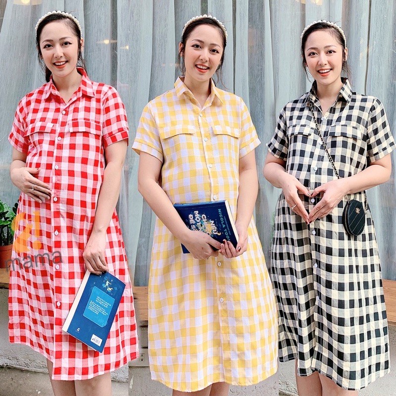 Đầm Bầu, Váy Bầu Dáng Sơmi Dài V22 Form Suông Cực Xinh Và Trẻ Trung - Chất Liệu Đũi Hàn Mềm Mát