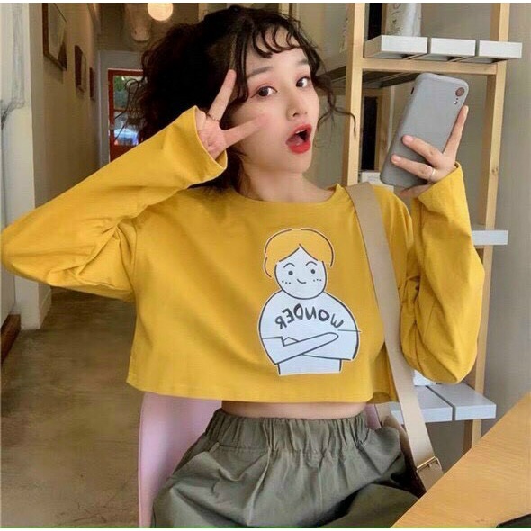 Áo thun croptop nữ tay dài phong cách Hàn Quốc chất tici loại 1 dày mịn co dãn freesize dưới 55kg - CT4042