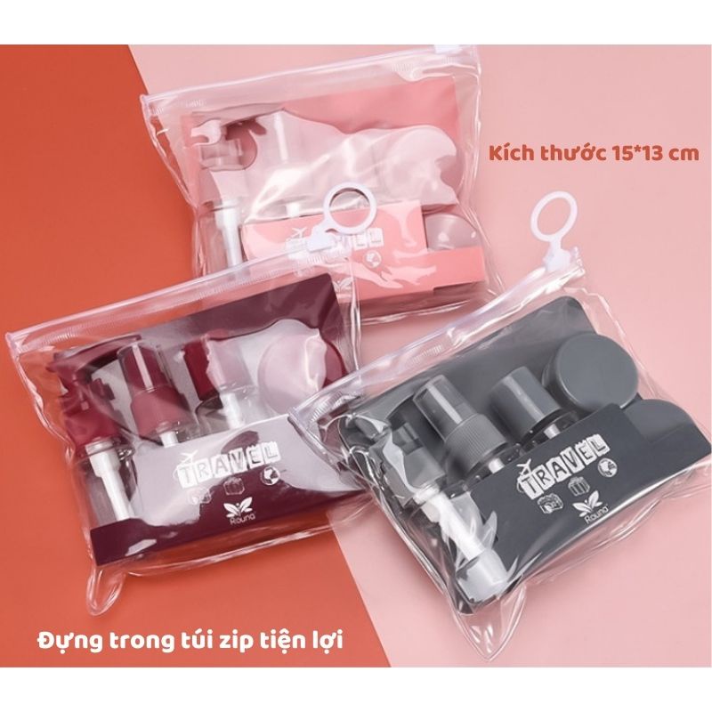 Bộ chiết mỹ phẩm mini du lịch bằng nhựa đựng trong túi zip kéo khóa tiện lợi nhiều màu sắc 6 món