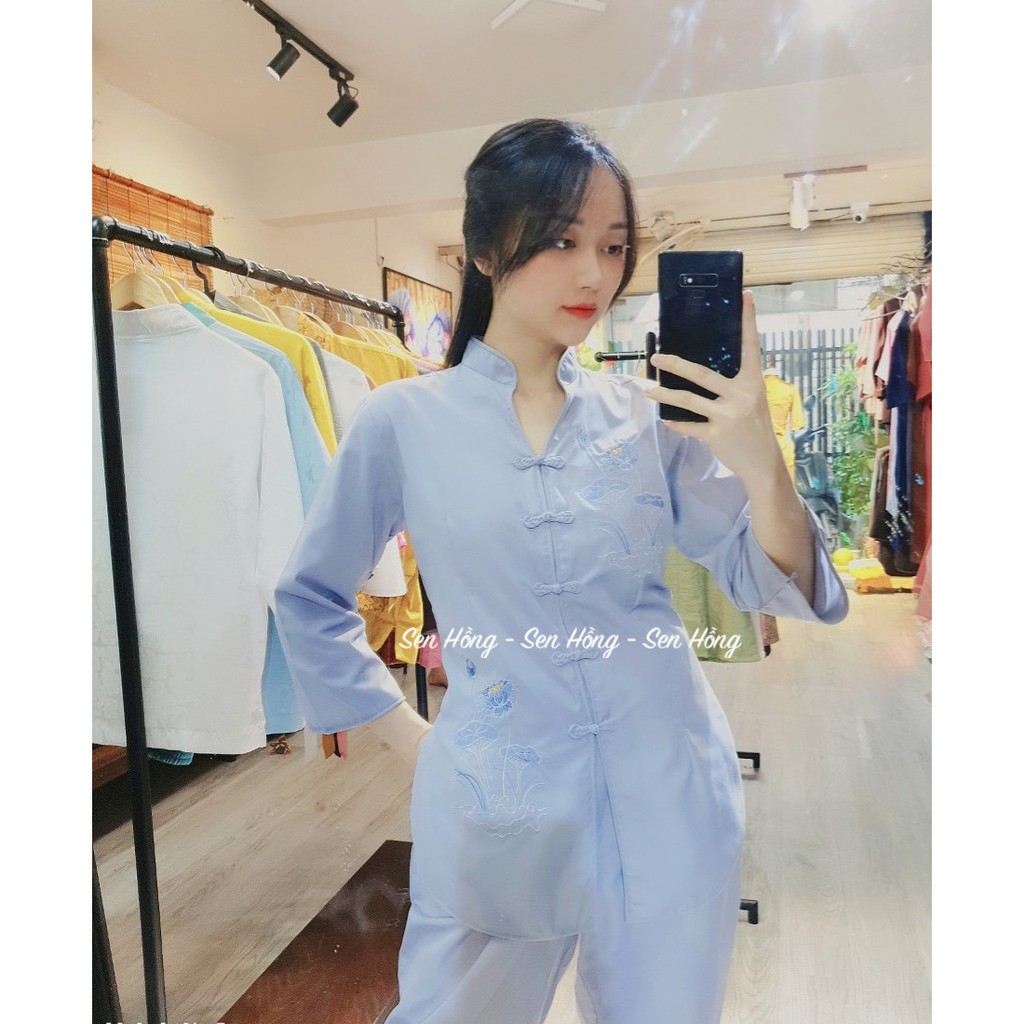 ⛔⛔Áo lam đi chùa thêu sen - Quần áo Phật tử shop Sen Hồng loại chuẩn mịn đẹp