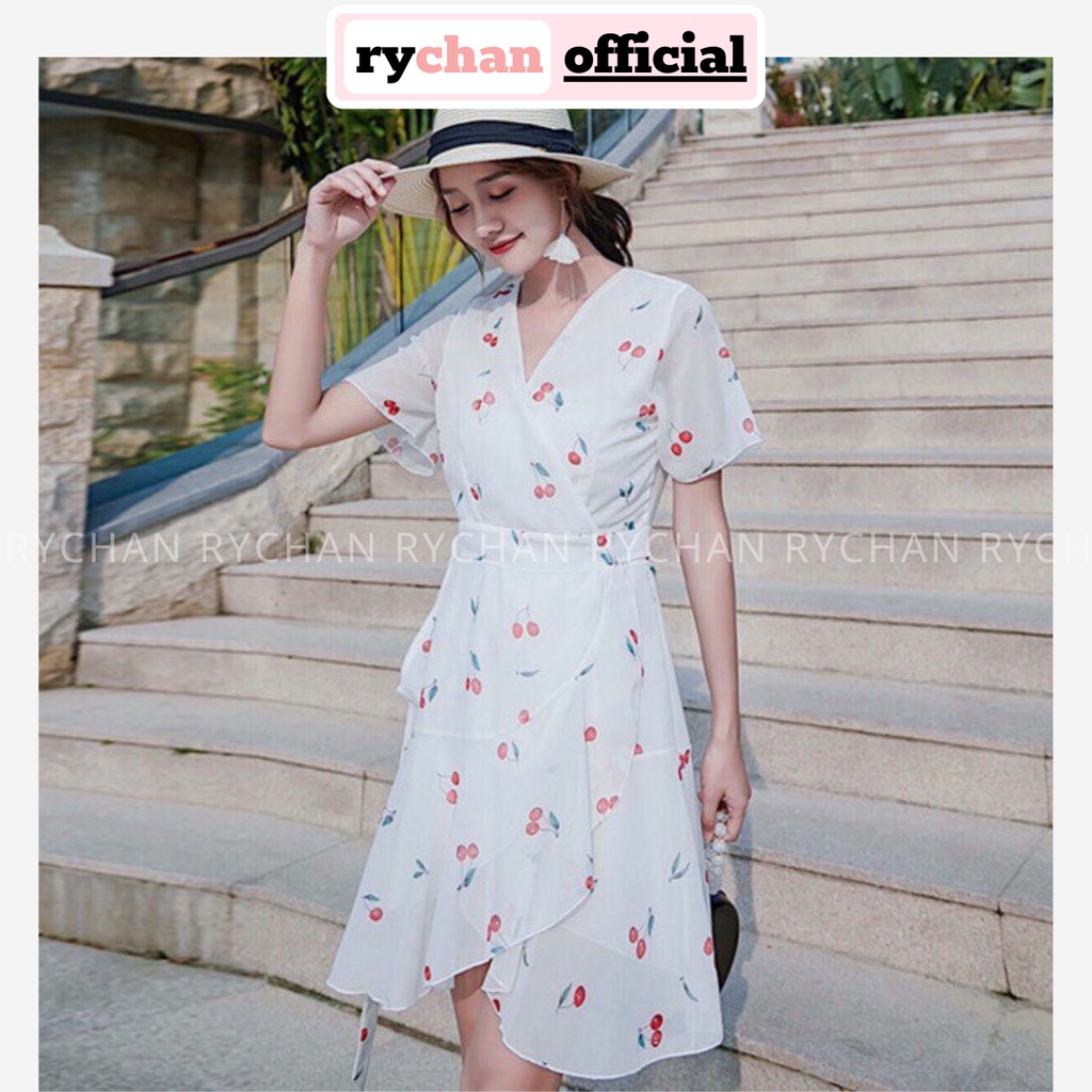 [ẢNH THẬT CUỐI] DX158 - Đầm Xòe Đi Du Lịch Cherry Đắp Chéo Cột Eo